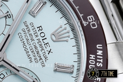 Daytona Plat Diamonds Ceramic Bezel SS/SS Ice Blue Dial A7750 Mod