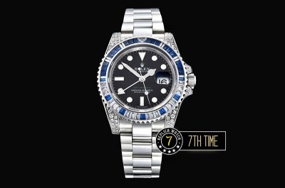 GMT Master II Blue/White Rubies SS/SS Black Dial A3186 Mod