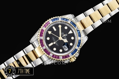 GMT Master II Red/Blue Rubies Two Tone YG/SS Black Dial A3186 Mod
