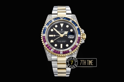 GMT Master II Red/Blue Rubies Two Tone YG/SS Black Dial A3186 Mod