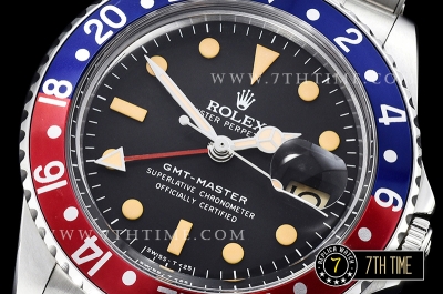 GMT Master Ref.1675 Pepsi Red/Blue Color Bezel Black Dial with Patina Colored Dot Markers Swiss 2836 Mod