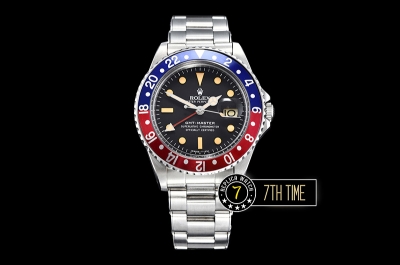 GMT Master Ref.1675 Pepsi Red/Blue Color Bezel Black Dial with Patina Colored Dot Markers Swiss 2836 Mod