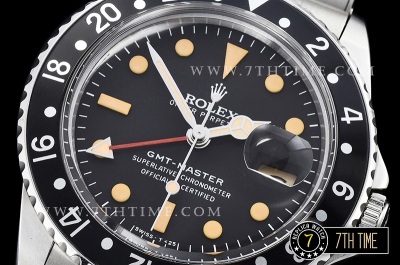 GMT Master Ref.1675 Black Color Bezel Black Dial with Patina Colored Dot Markers Swiss 2836 Mod