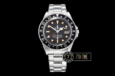 GMT Master Ref.1675 Black Color Bezel Black Dial with Patina Colored Dot Markers Swiss 2836 Mod