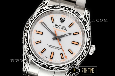 Milgauss 116400M Special Engraved Case Solid Sterling Silver 925 Bezel White Dial with Orange Markers Asia 2836