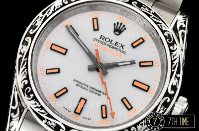 Milgauss 116400M Special Engraved Case Solid Sterling Silver 925 Bezel White Dial with Orange Markers Asia 2836