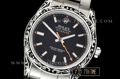 Milgauss 116400M 40MM Special Engraved Case Solid Sterling Silver 925 Bezel Black Dial with White Markers Asia 2836