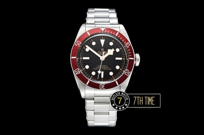 Tudor Heritage Black Bay Shield Uni-directional Diver Red Colored Bezel Black Dial with Superlumed Round Markers Rivet Style Solid Stainless Steel 316L Bracelet